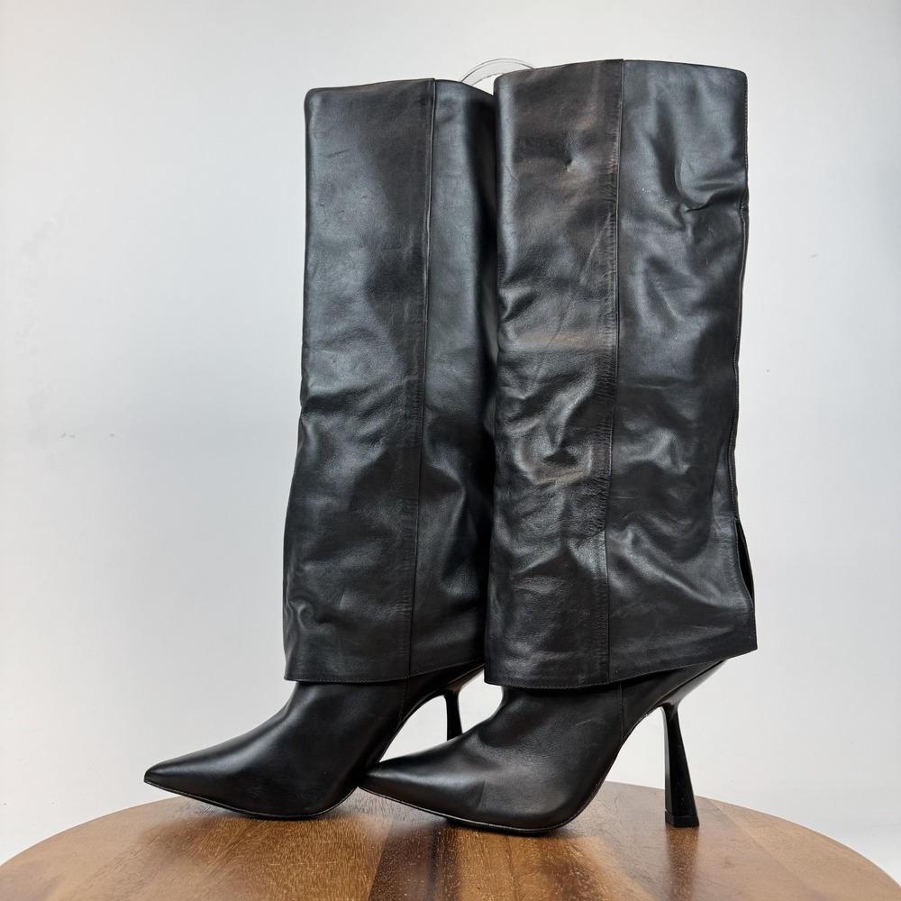 Womens Black Suede Studio Martine Black Leather Heeled Knee High Boots Size 39‎ - Picture 2 of 8